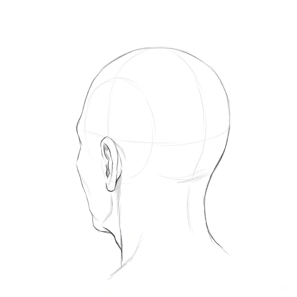 Head rotation reference, Deep folds, 225 degrees rear three-quarter, pencil drawing