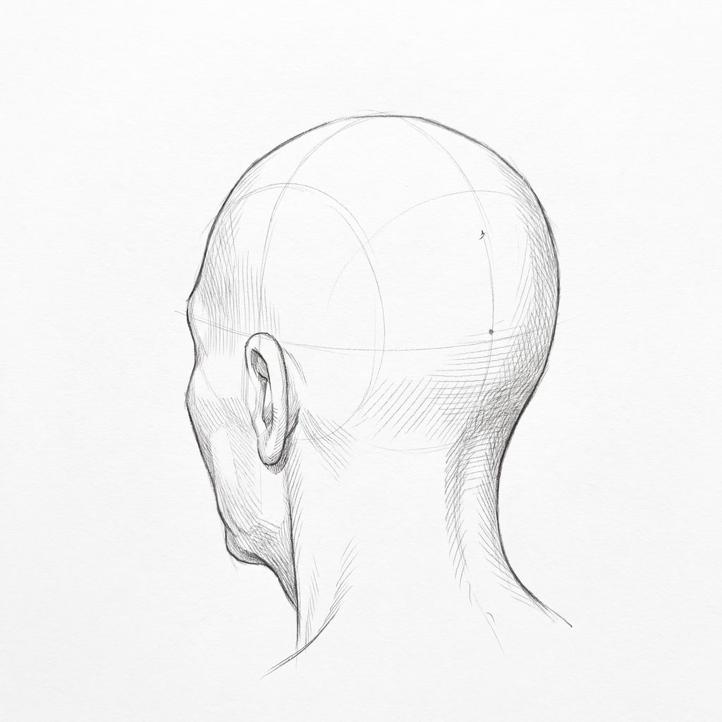 Head rotation reference, Deep folds, 225 degrees rear three-quarter, tonal drawing
