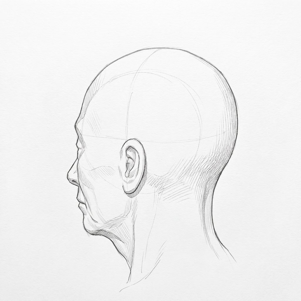 Head rotation reference, Deep folds, 247.5 degrees just behind profile, tonal drawing