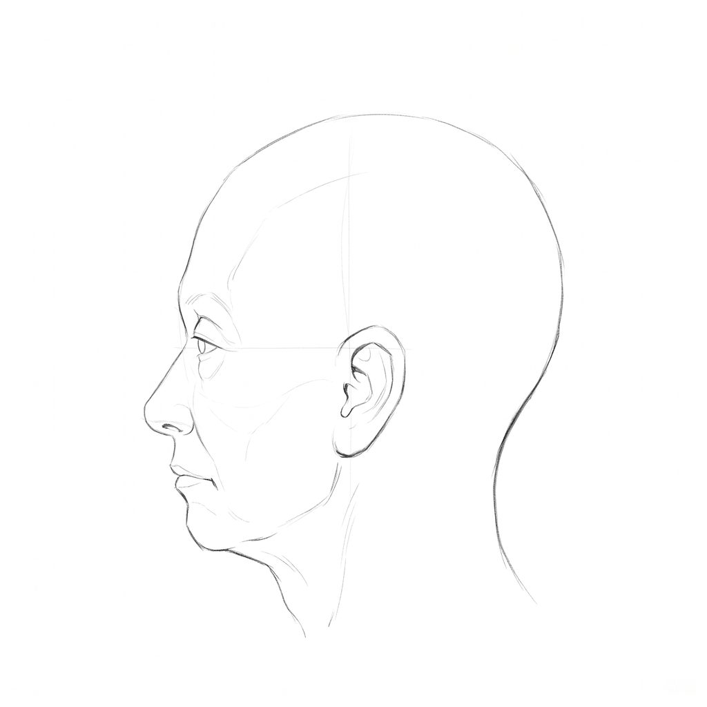 Head rotation reference, Deep folds, 270 degrees profile, pencil drawing