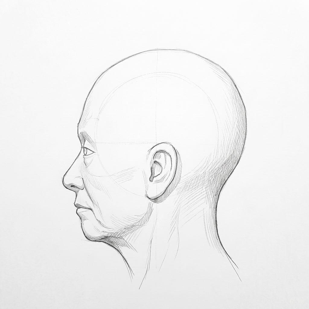 Head rotation reference, Deep folds, 270 degrees profile, tonal drawing