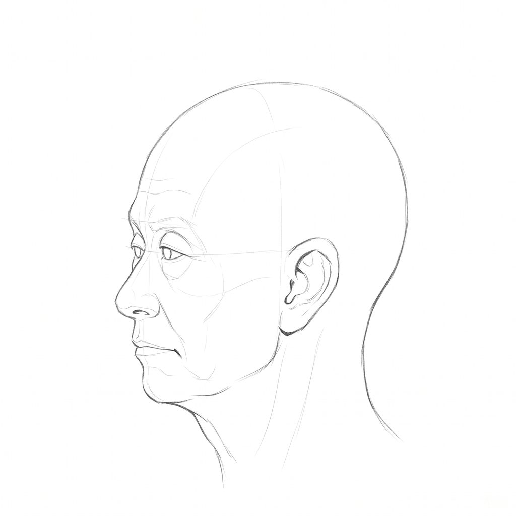 Head rotation reference, Deep folds, 292.5 degrees near-profile view, pencil drawing
