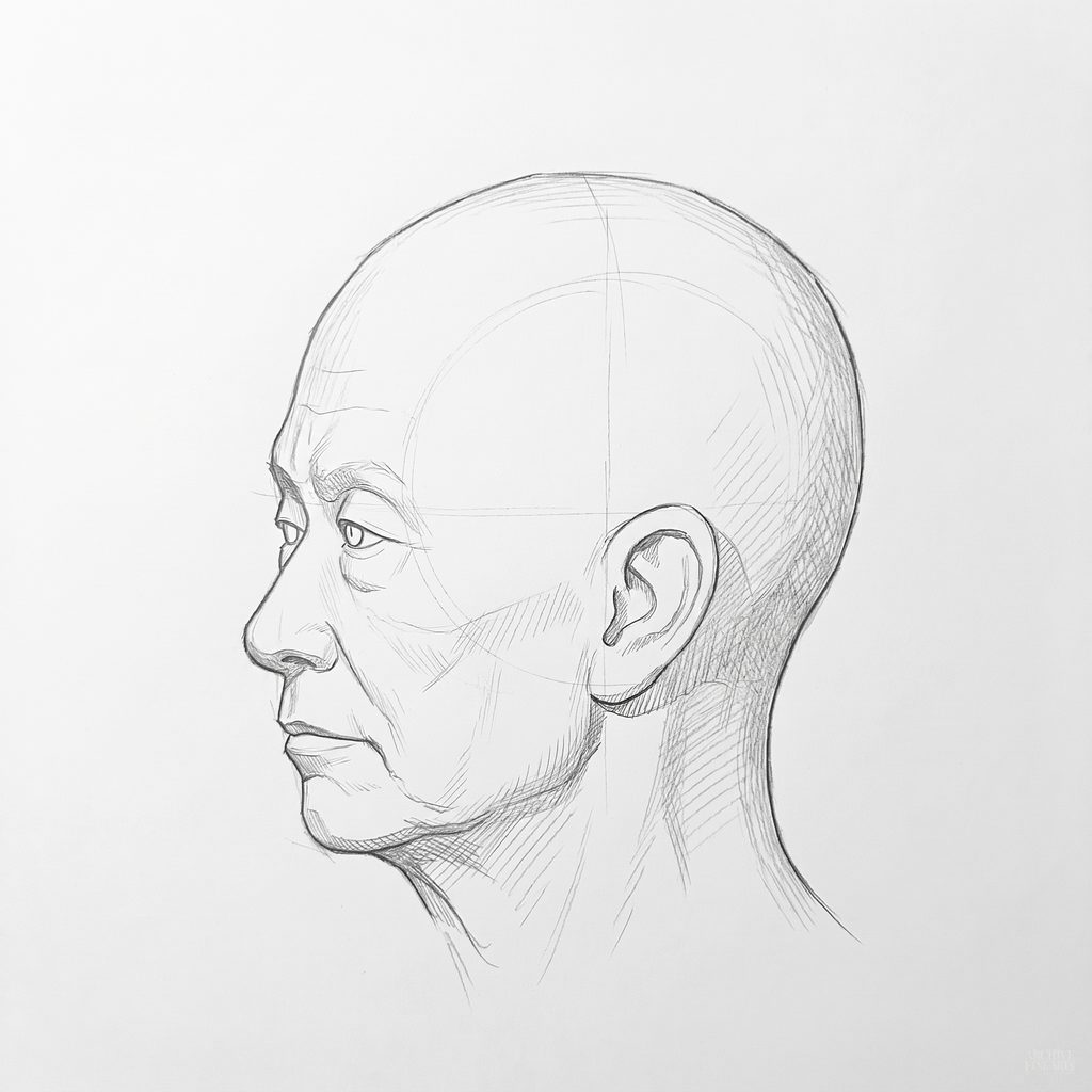 Head rotation reference, Deep folds, 292.5 degrees near-profile view, tonal drawing