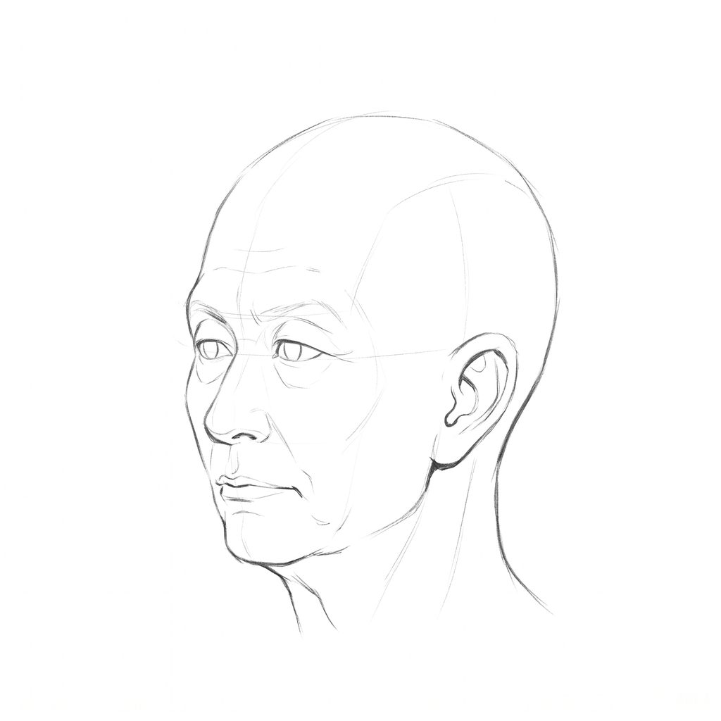 Head rotation reference, Deep folds, 315 degrees three-quarter view, pencil drawing