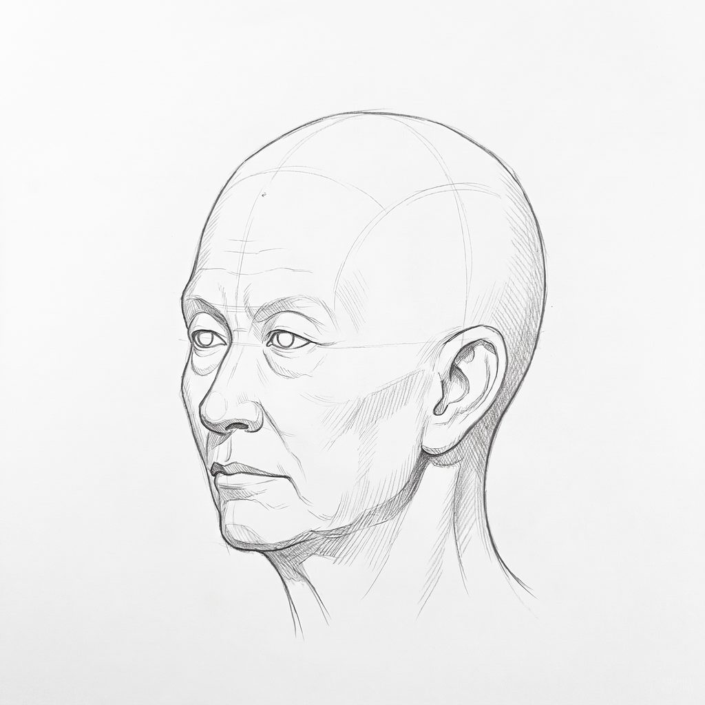 Head rotation reference, Deep folds, 315 degrees three-quarter view, tonal drawing