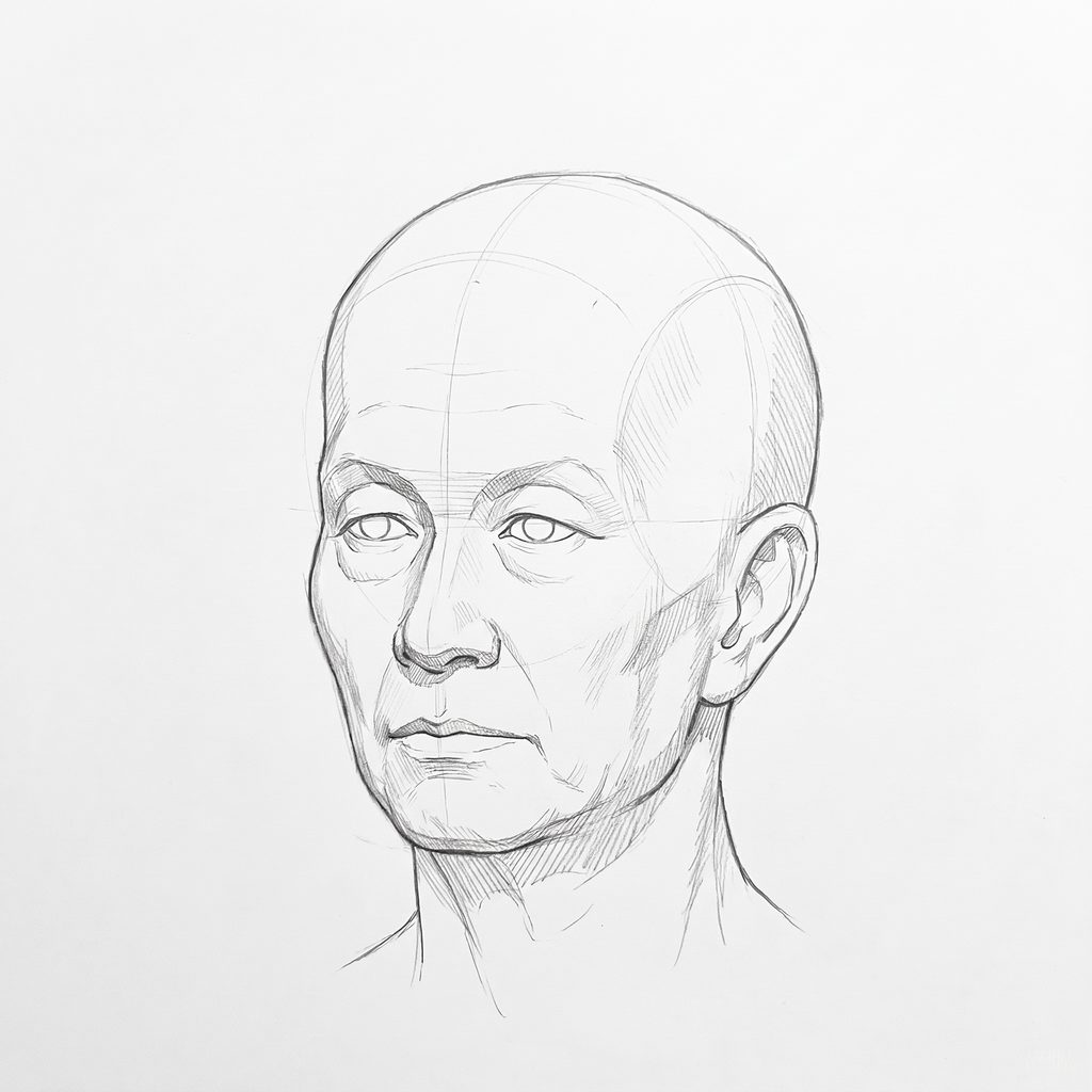 Head rotation reference, Deep folds, 337.5 degrees slight three-quarter view, tonal drawing