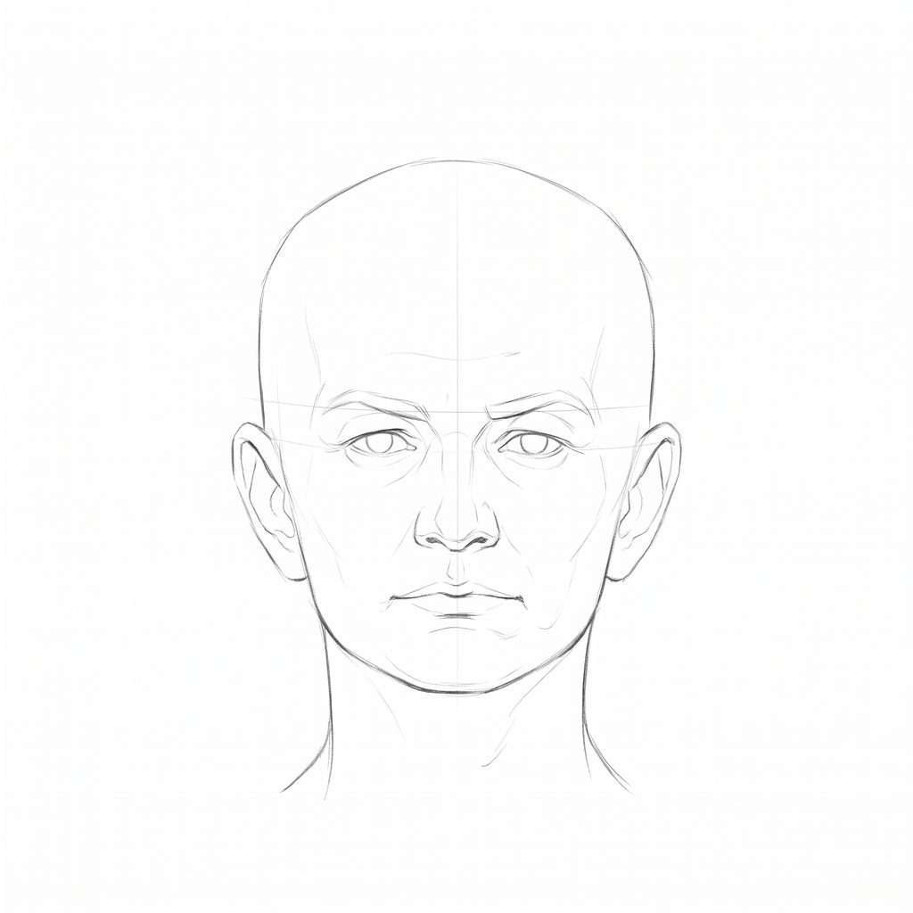 Head rotation reference, Soft planes, 0 degrees front view, pencil drawing
