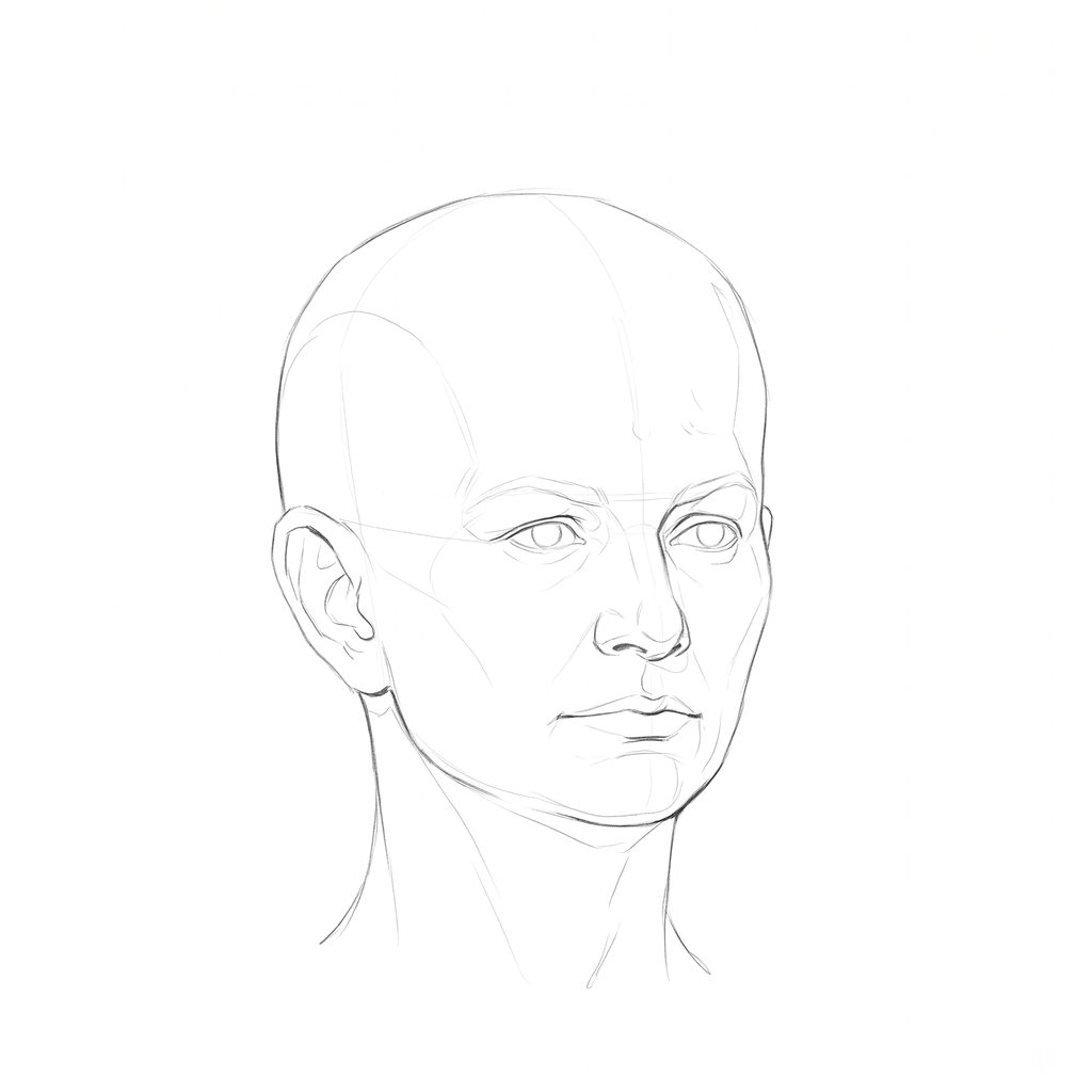 Head rotation reference, Soft planes, 22.5 degrees slight three-quarter view, pencil drawing