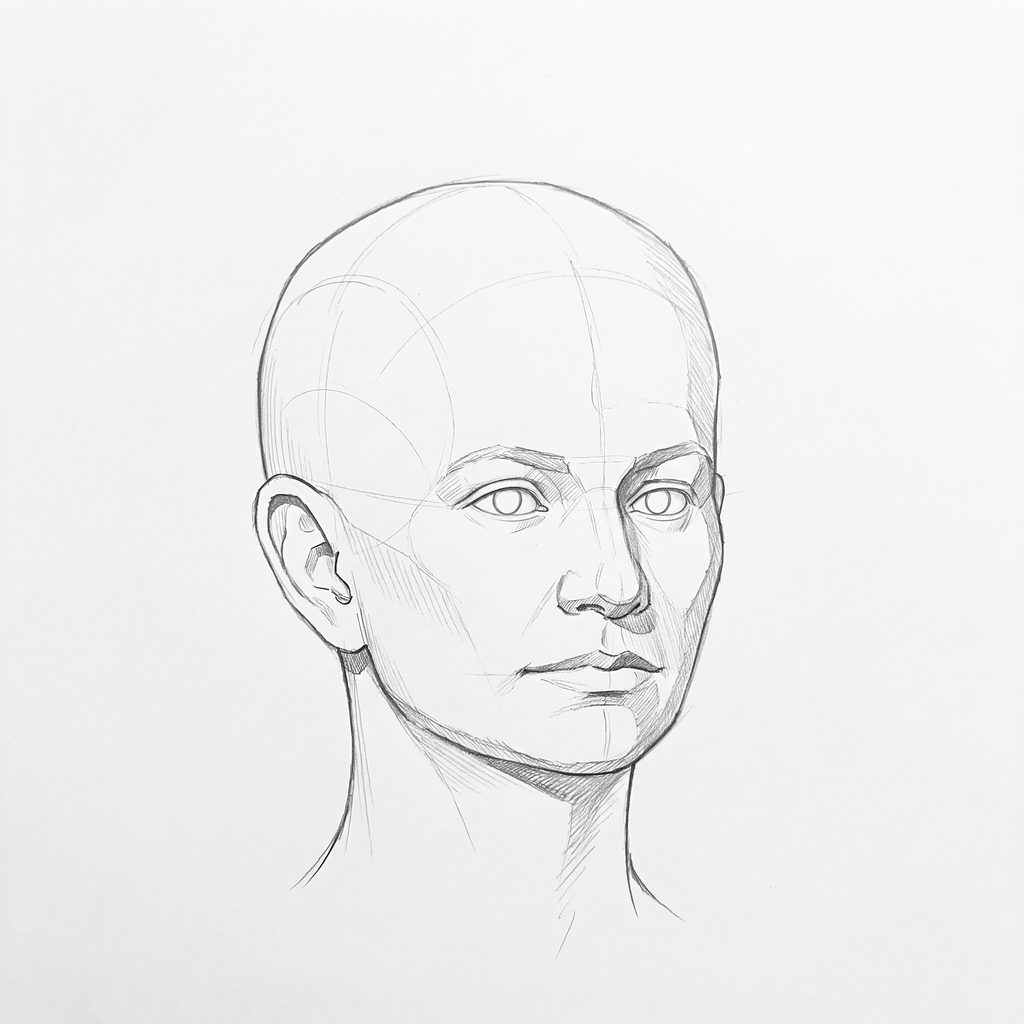 Head rotation reference, Soft planes, 22.5 degrees slight three-quarter view, tonal drawing