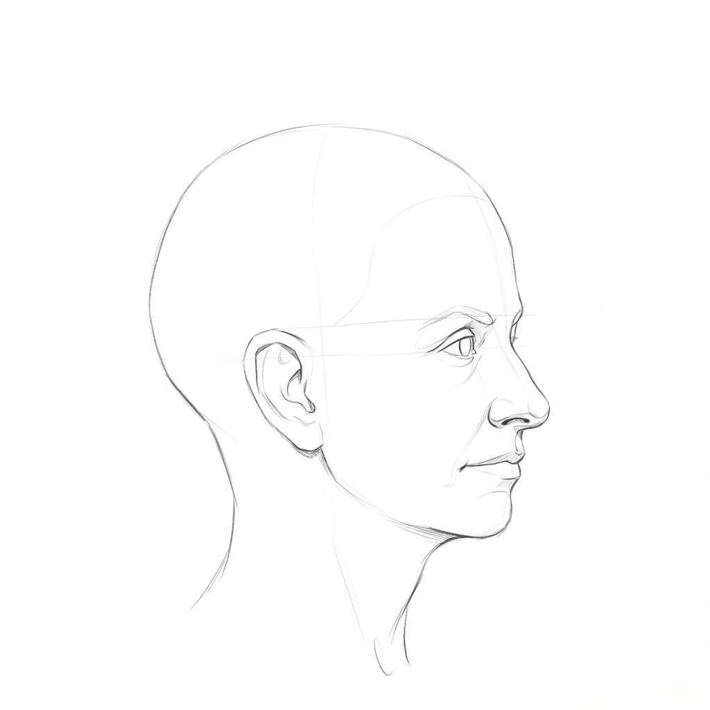 Head rotation reference, Soft planes, 67.5 degrees near-profile view, pencil drawing