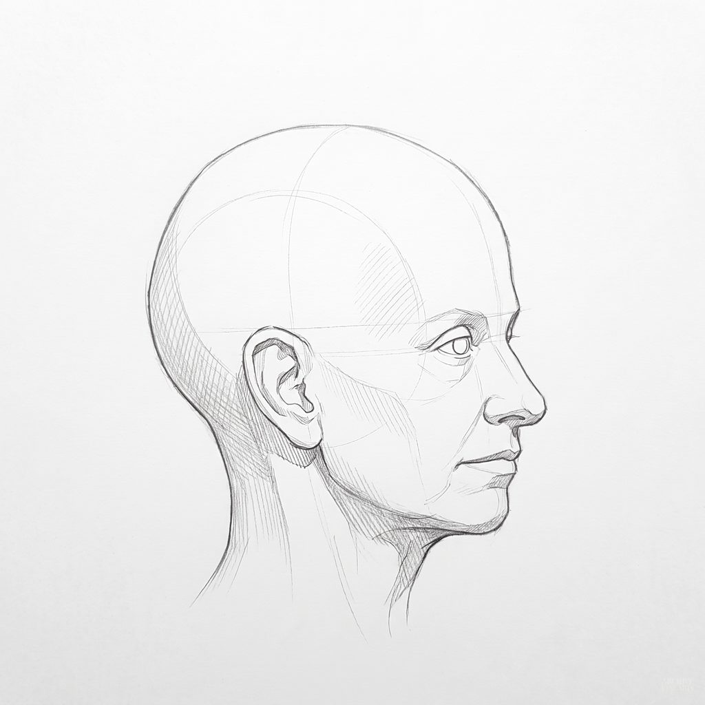 Head rotation reference, Soft planes, 67.5 degrees near-profile view, tonal drawing
