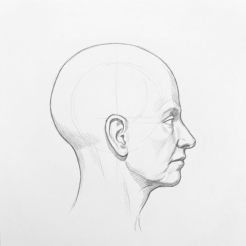 Head rotation reference, Soft planes, 90 degrees profile, tonal drawing
