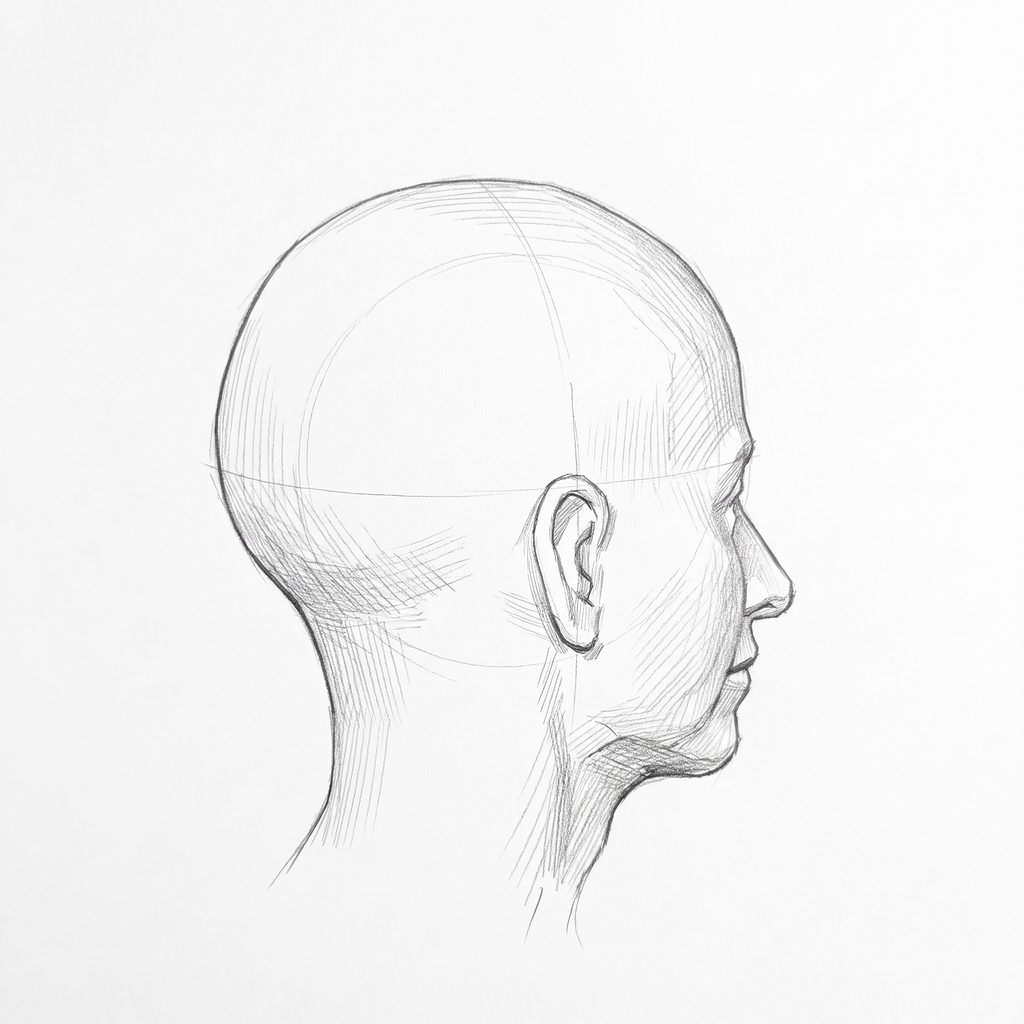 Head rotation reference, Soft planes, 112.5 degrees just behind profile, tonal drawing