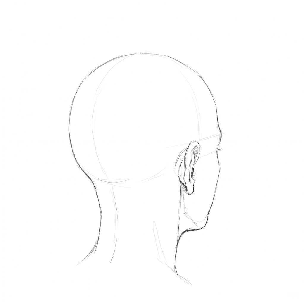 Head rotation reference, Soft planes, 135 degrees rear three-quarter, pencil drawing