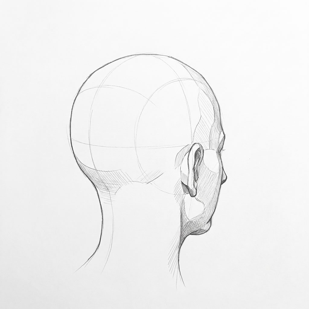 Head rotation reference, Soft planes, 135 degrees rear three-quarter, tonal drawing