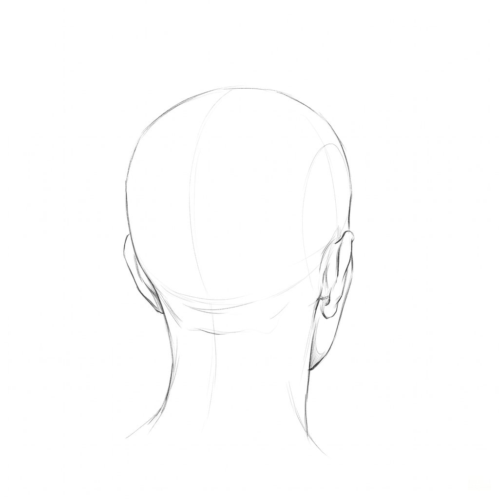 Head rotation reference, Soft planes, 157.5 degrees near-back view, pencil drawing