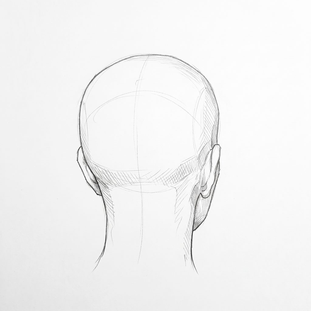 Head rotation reference, Soft planes, 157.5 degrees near-back view, tonal drawing