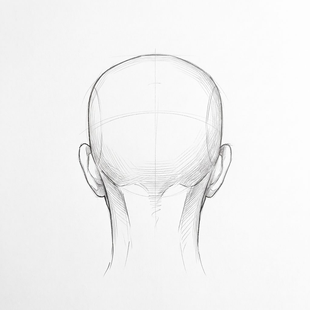 Head rotation reference, Soft planes, 180 degrees back view, tonal drawing
