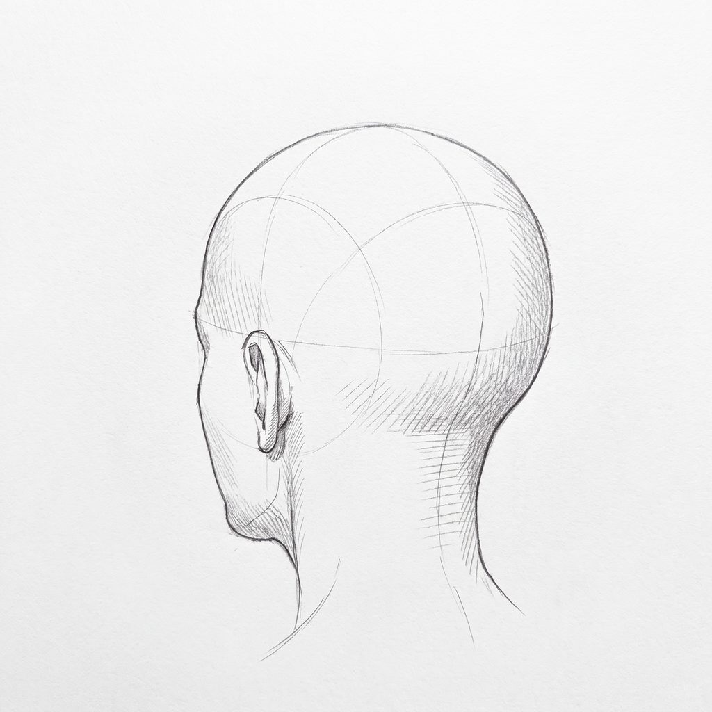 Head rotation reference, Soft planes, 225 degrees rear three-quarter, tonal drawing
