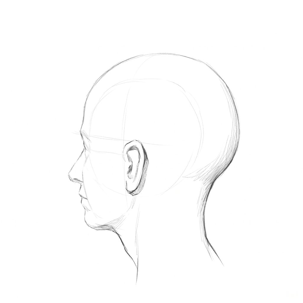Head rotation reference, Soft planes, 247.5 degrees just behind profile, pencil drawing