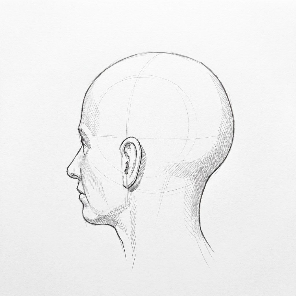 Head rotation reference, Soft planes, 247.5 degrees just behind profile, tonal drawing