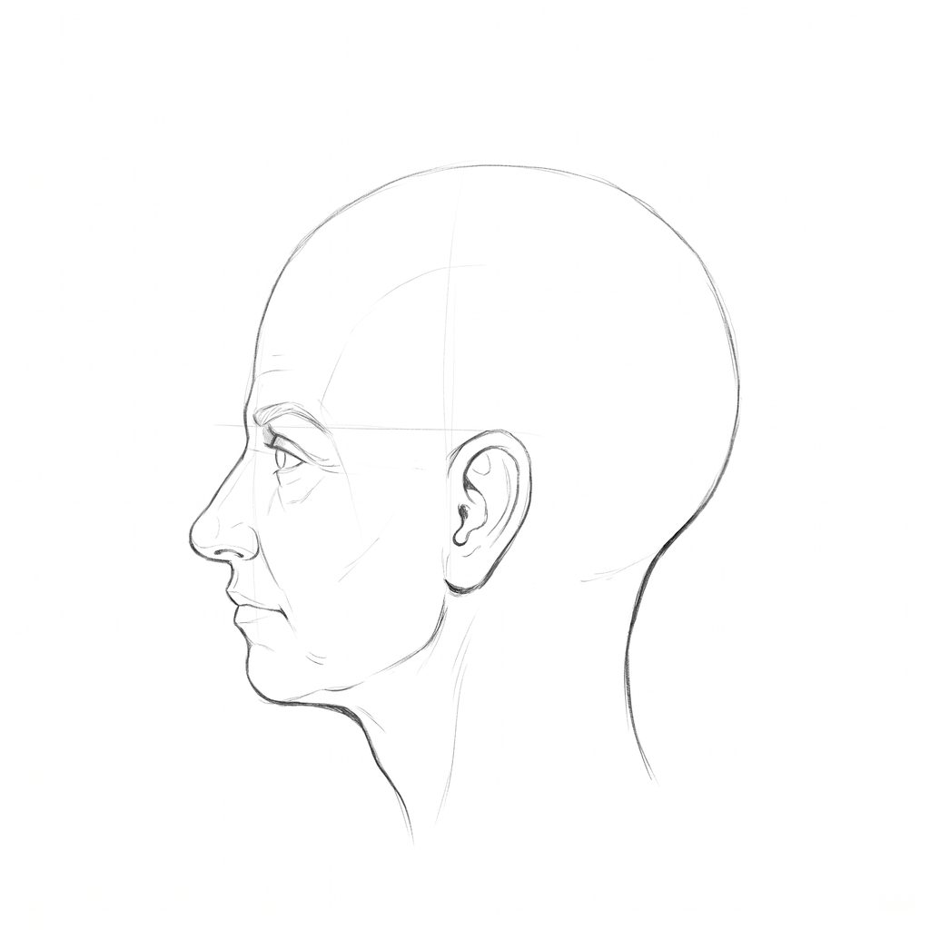 Head rotation reference, Soft planes, 270 degrees profile, pencil drawing