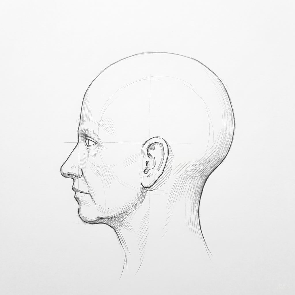 Head rotation reference, Soft planes, 270 degrees profile, tonal drawing