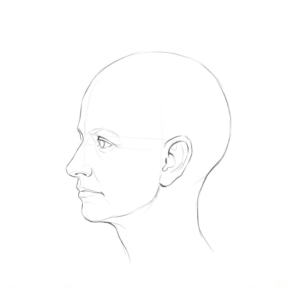 Head rotation reference, Soft planes, 292.5 degrees near-profile view, pencil drawing