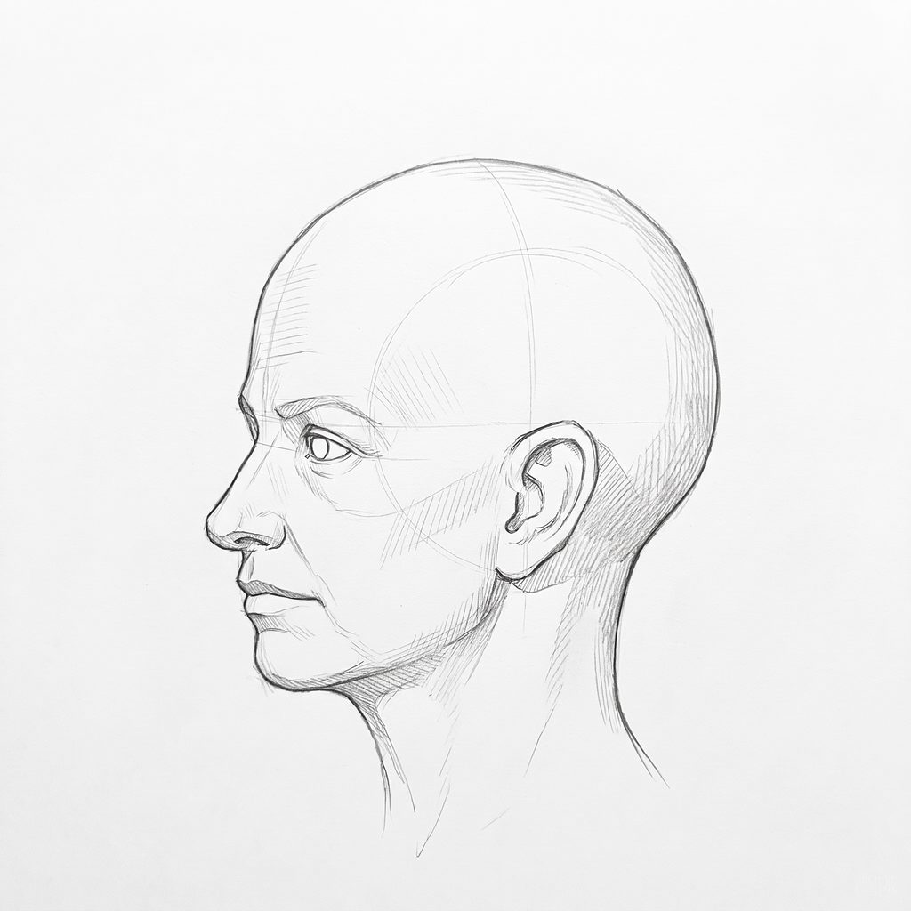 Head rotation reference, Soft planes, 292.5 degrees near-profile view, tonal drawing