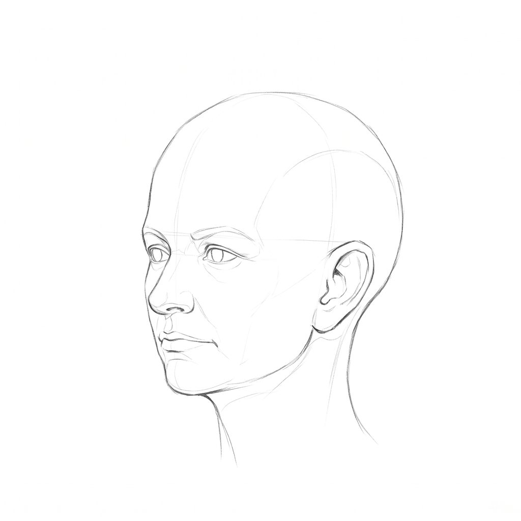 Head rotation reference, Soft planes, 315 degrees three-quarter view, pencil drawing
