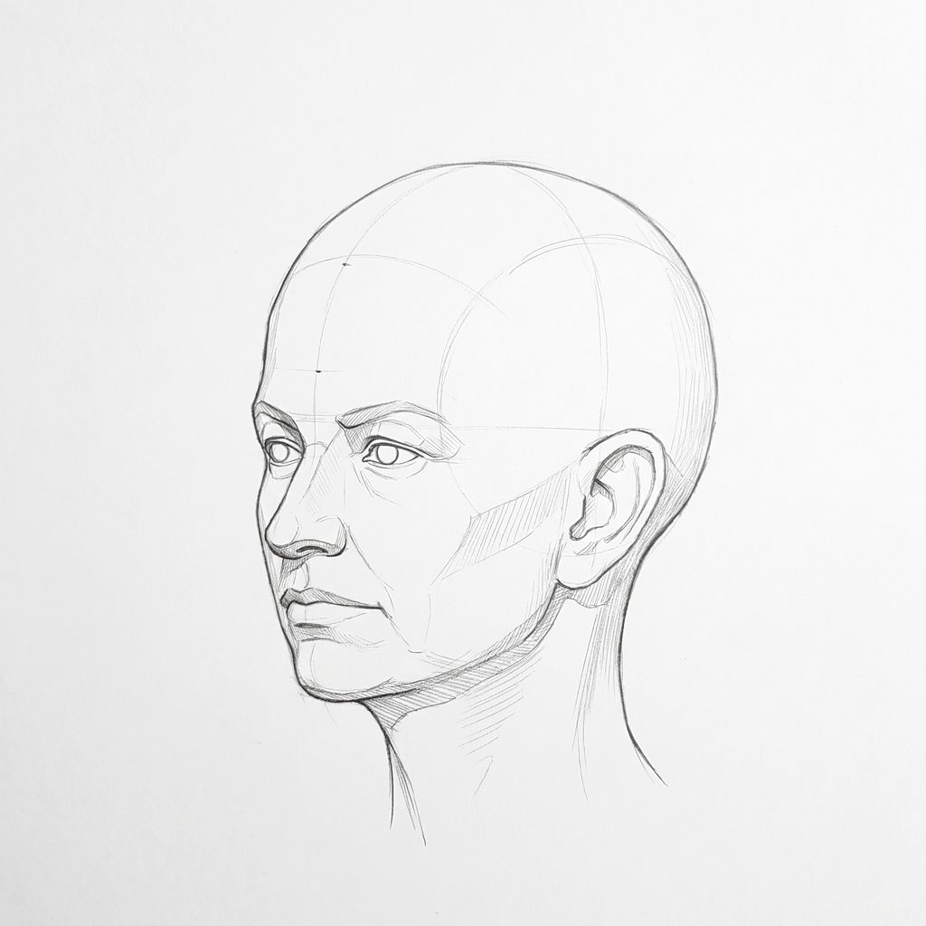 Head rotation reference, Soft planes, 315 degrees three-quarter view, tonal drawing
