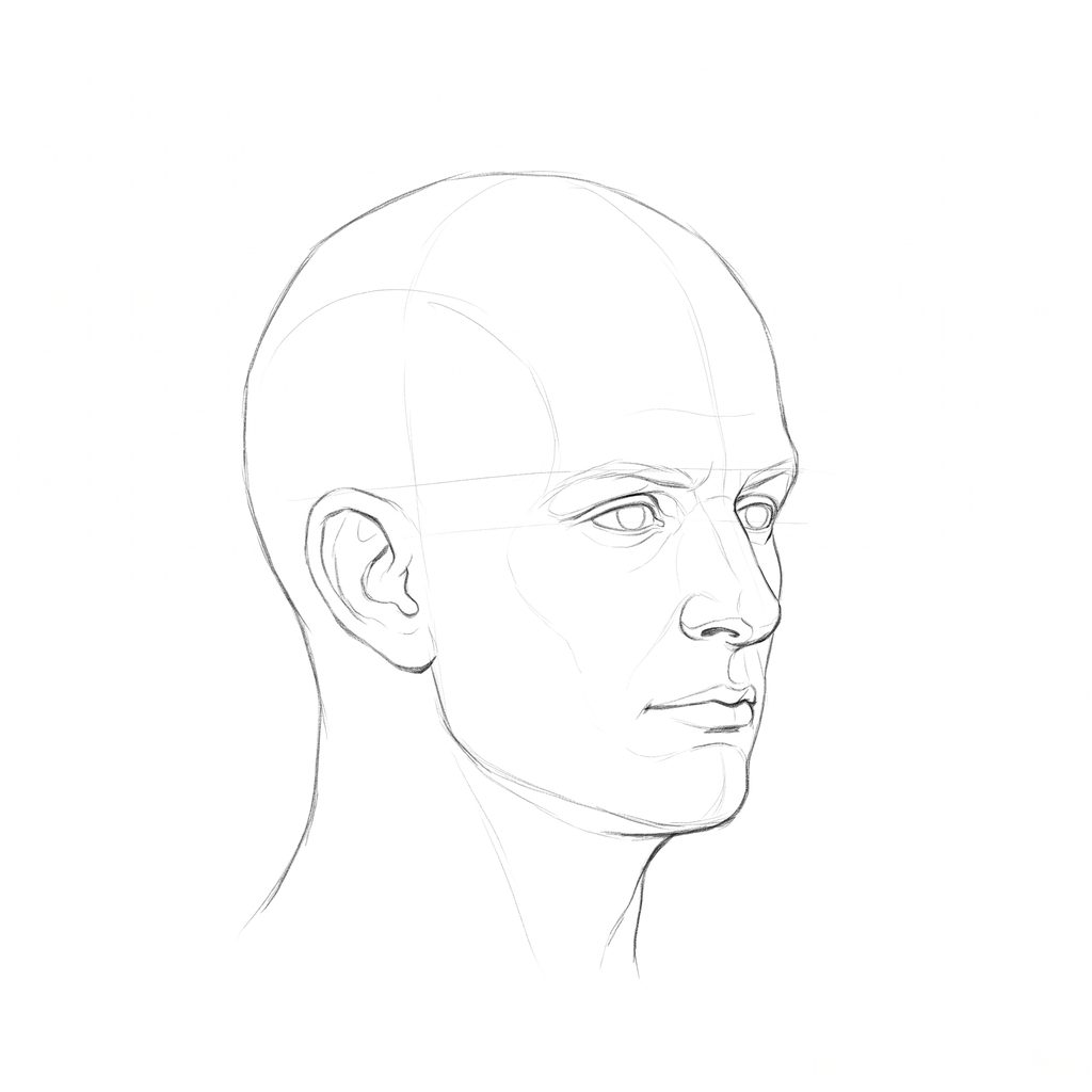Head rotation reference, Square jaw, 45 degrees three-quarter view, pencil drawing
