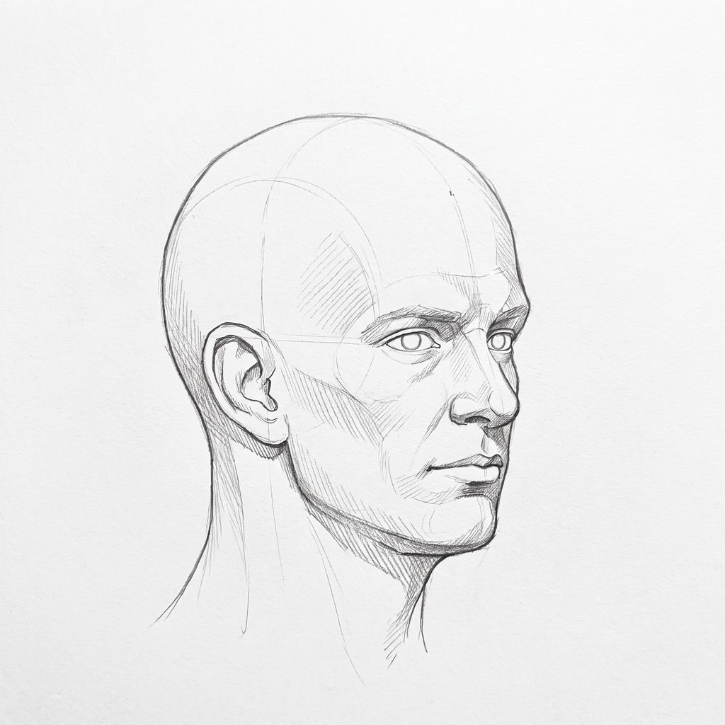 Head rotation reference, Square jaw, 45 degrees three-quarter view, tonal drawing