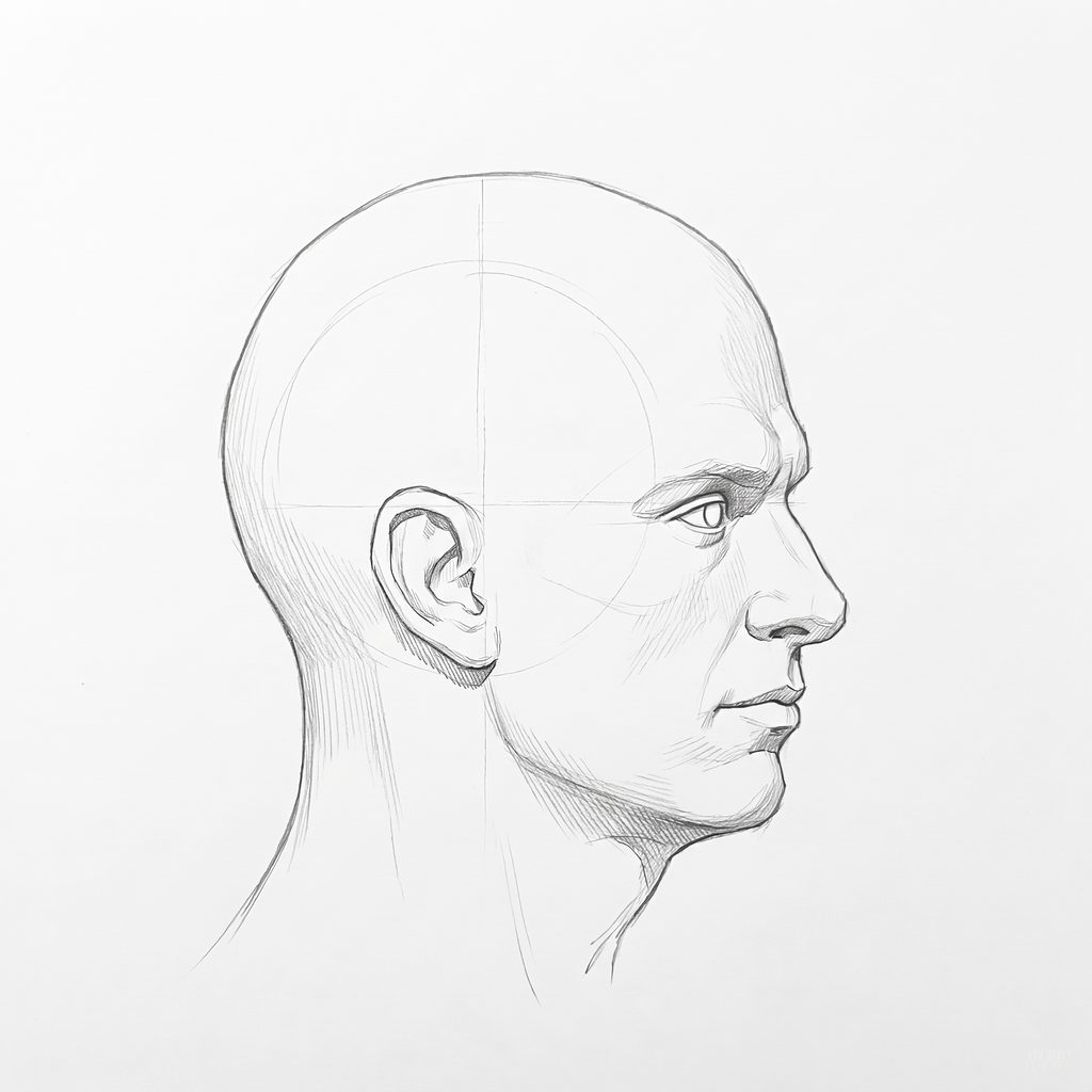 Head rotation reference, Square jaw, 67.5 degrees near-profile view, tonal drawing