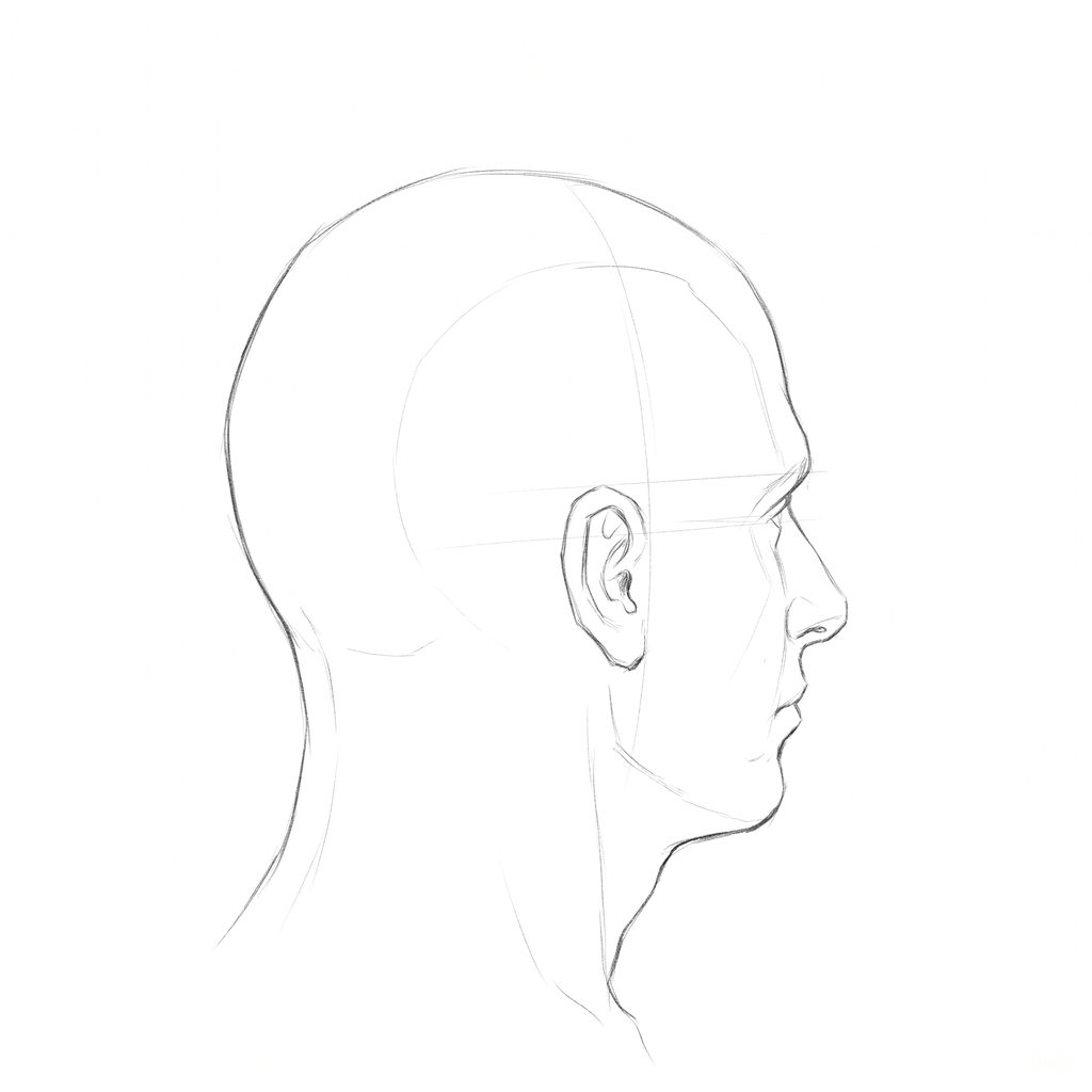 Head rotation reference, Square jaw, 112.5 degrees just behind profile, pencil drawing