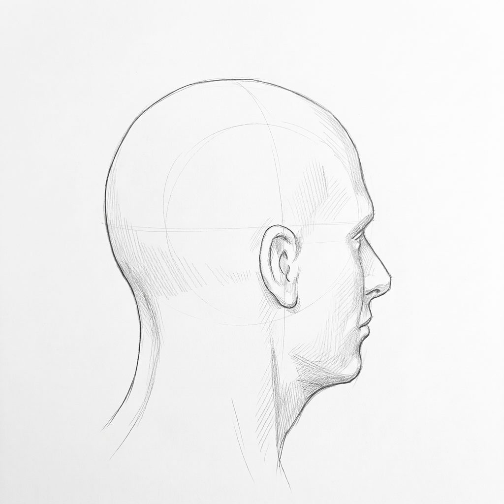 Head rotation reference, Square jaw, 112.5 degrees just behind profile, tonal drawing