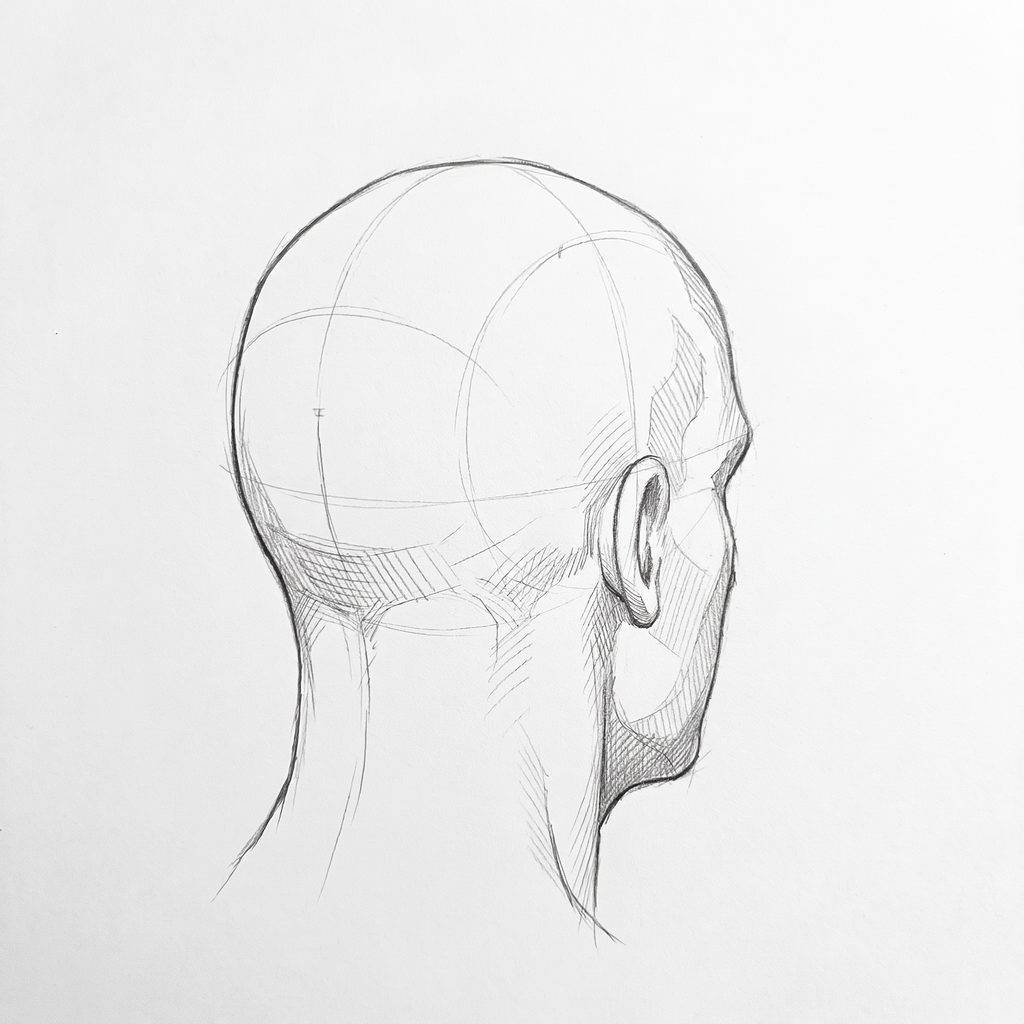 Head rotation reference, Square jaw, 135 degrees rear three-quarter, tonal drawing