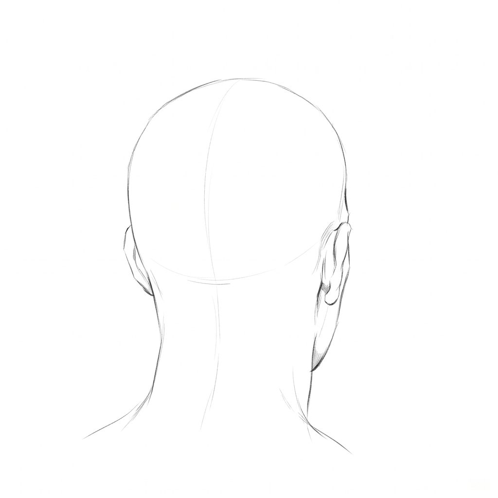Head rotation reference, Square jaw, 157.5 degrees near-back view, pencil drawing