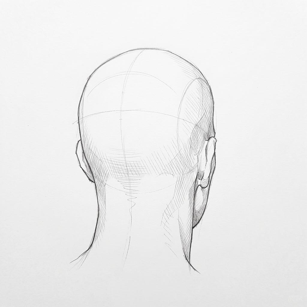 Head rotation reference, Square jaw, 157.5 degrees near-back view, tonal drawing