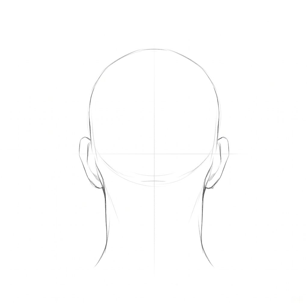 Head rotation reference, Square jaw, 180 degrees back view, pencil drawing