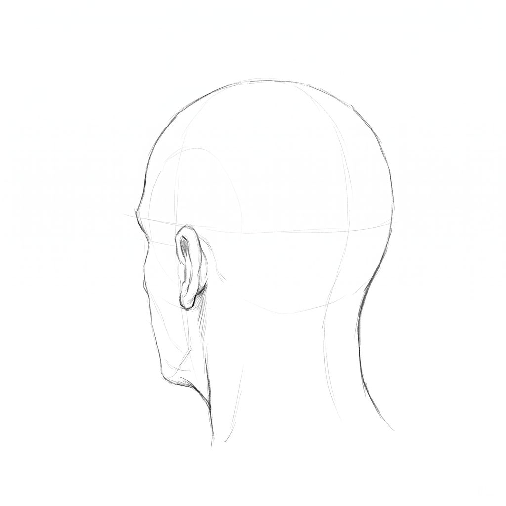 Head rotation reference, Square jaw, 225 degrees rear three-quarter, pencil drawing