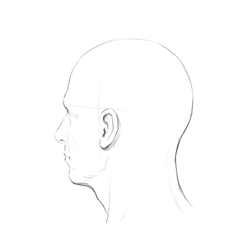 Head rotation reference, Square jaw, 247.5 degrees just behind profile, pencil drawing