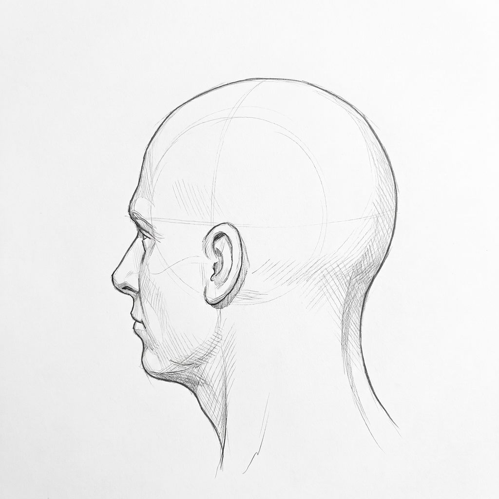 Head rotation reference, Square jaw, 247.5 degrees just behind profile, tonal drawing