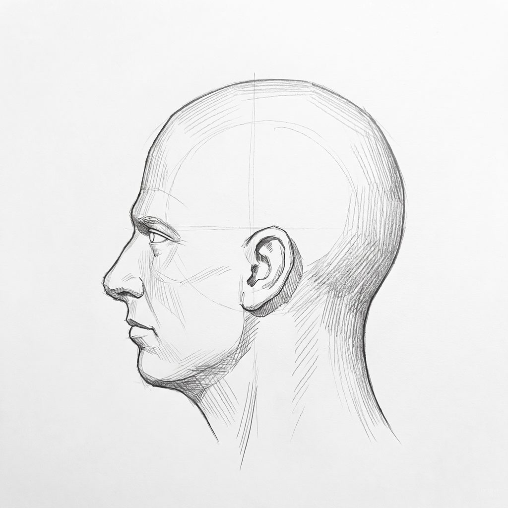 Head rotation reference, Square jaw, 270 degrees profile, tonal drawing