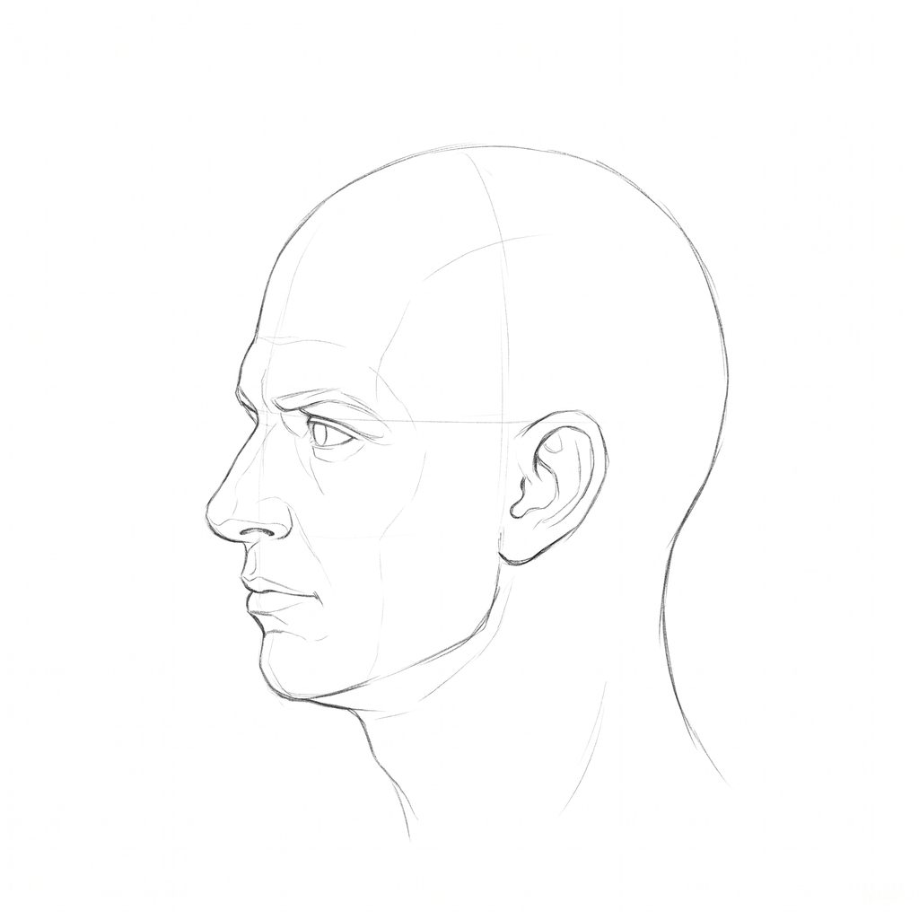 Head rotation reference, Square jaw, 292.5 degrees near-profile view, pencil drawing