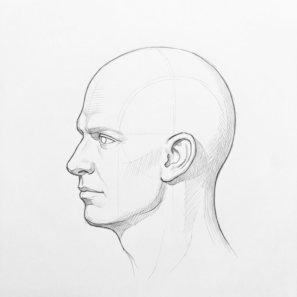 Head rotation reference, Square jaw, 292.5 degrees near-profile view, tonal drawing