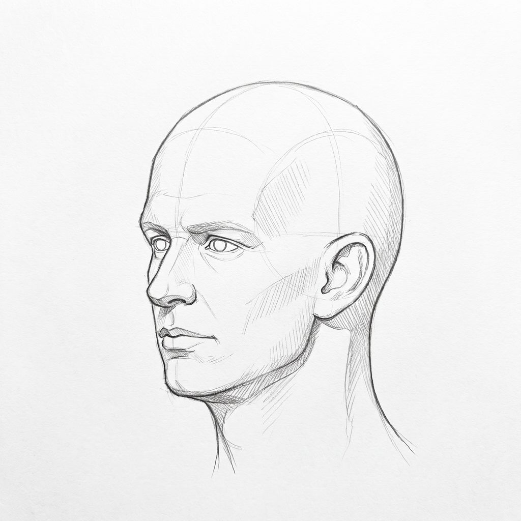 Head rotation reference, Square jaw, 315 degrees three-quarter view, tonal drawing