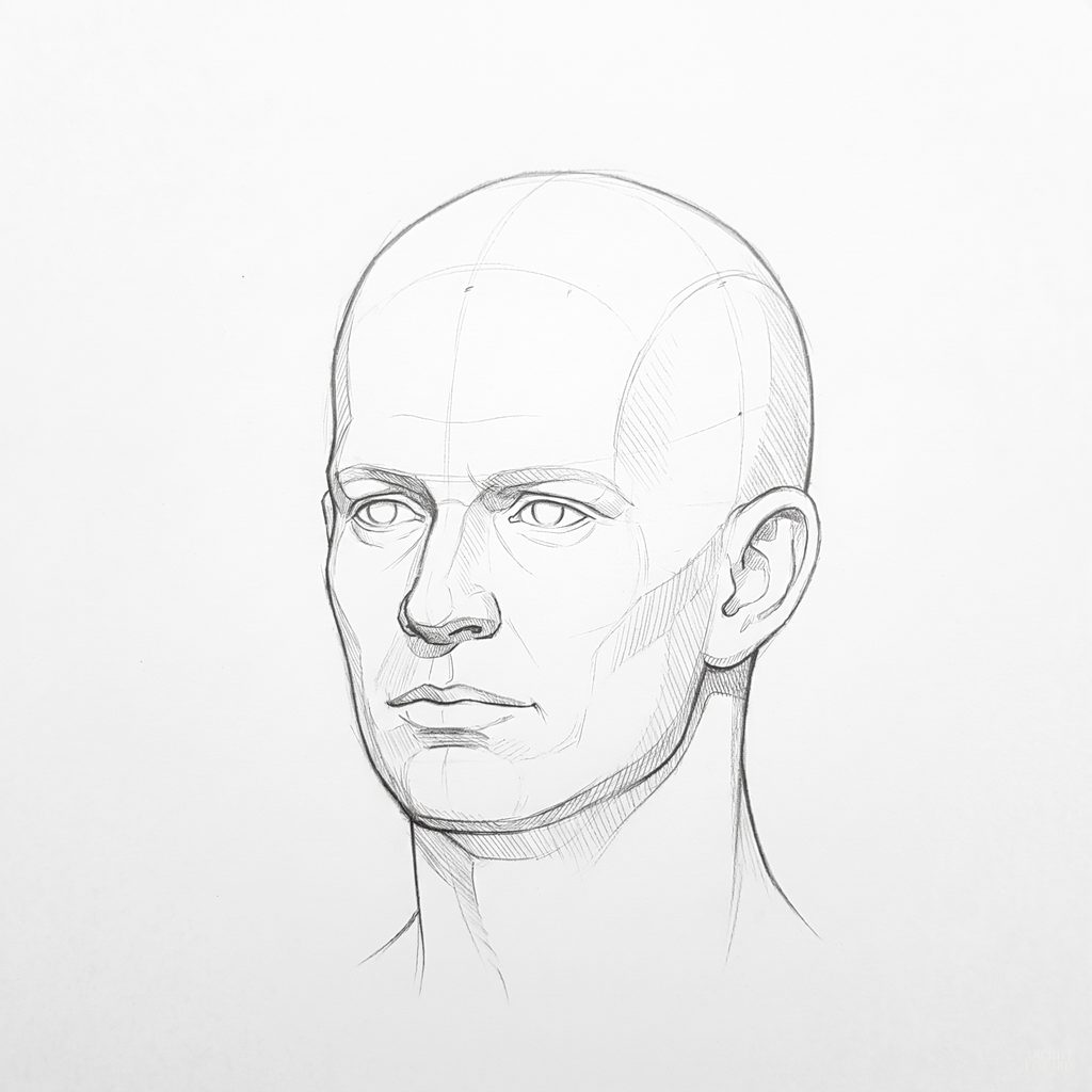 Head rotation reference, Square jaw, 337.5 degrees slight three-quarter view, tonal drawing