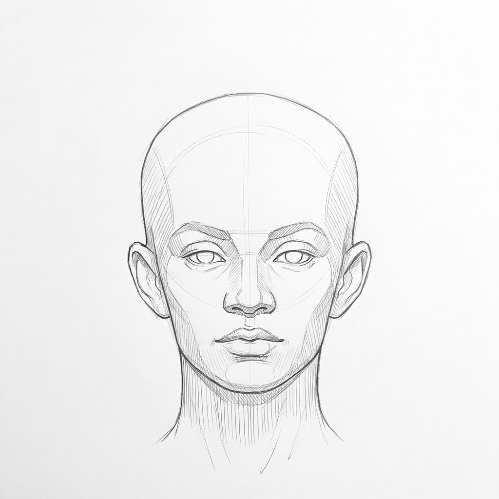 Head rotation reference, Full lips, 0 degrees front view, tonal drawing