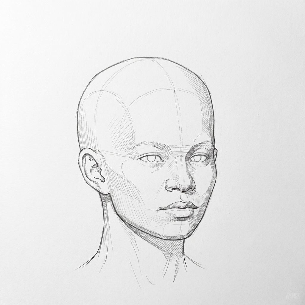Head rotation reference, Full lips, 22.5 degrees slight three-quarter view, tonal drawing
